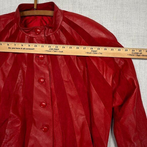Vintage 80s Red Leather Suede Panel Jacket Batwing Button Front Bomber Size 36 - Picture 10 of 14